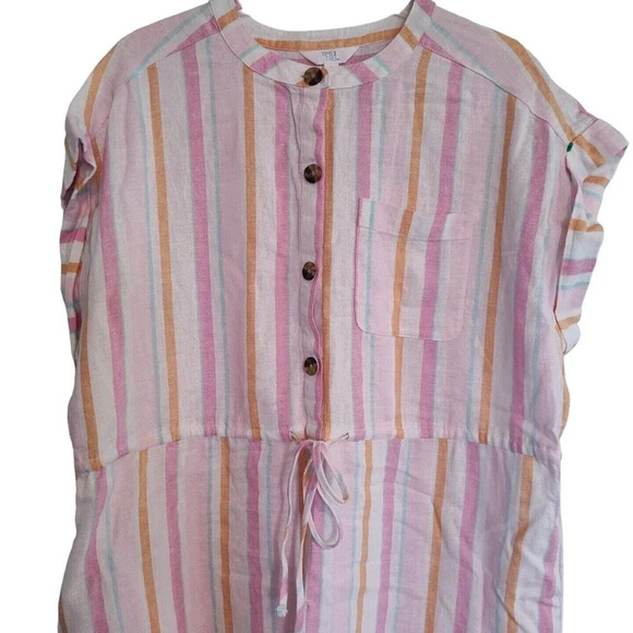 Time and Tru Pink Stripe Button Linen Rayon Shirt Dress Size L 12-14 Beach Vacay - Picture 2 of 9